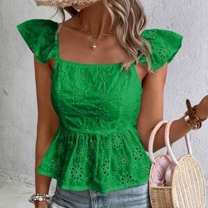 Eyelet Embroidery Tie Back Peplum Blouse